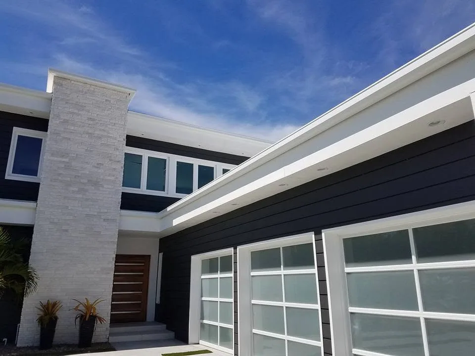 White box gutter charcoal siding glass garage doors, Sanford